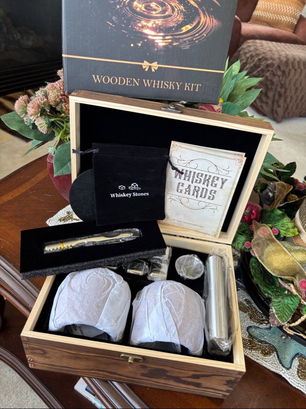 Handcrafted Wooden Whiskey Tumbler Set Stainless Steel Cubes Flask Father's Day